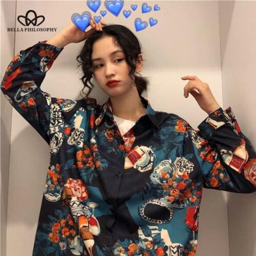 Bella philosophy Women Harajuku Cat Blouse Spring Long Sleeve Turn Down Collar Vintage Shirt Girls Loose Blouses Fashion Blusas