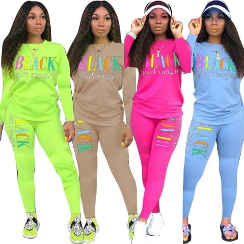 Echoine Womens Letters Printed Long-Sleeve Casual Two Piece Set Slim T-shirt FMatching Set itness Pencil Pants Jogger Tracksuit