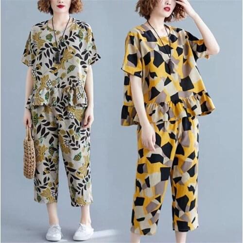 Korean style Summer Tracksuits Women Two Peices Set harajuku Leisure Outfits loose O-Neck T-Shirts High Waist harem pants 4XL