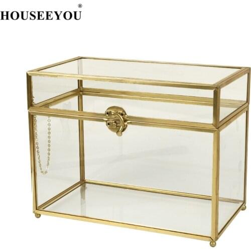 Gold Rectangle Wedding Glass Card Box Gift Organizer Terrarium Containers Celebration Home Party Decorations Ornament