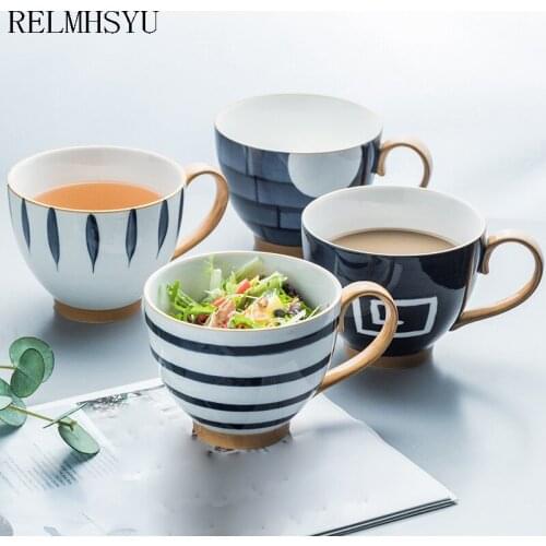 1PC RELMHSYU 450ml Japanese Style Large Capacity Ceramic Hand-painted Milk Oatmeal Mug Breakfast Water Cup Household