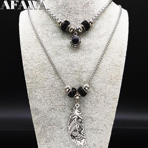 2021 Feather Crystal Stainless Steel Statement Necklace Women Double Layer Silver Color Necklaces Jewerly collier femme N19584