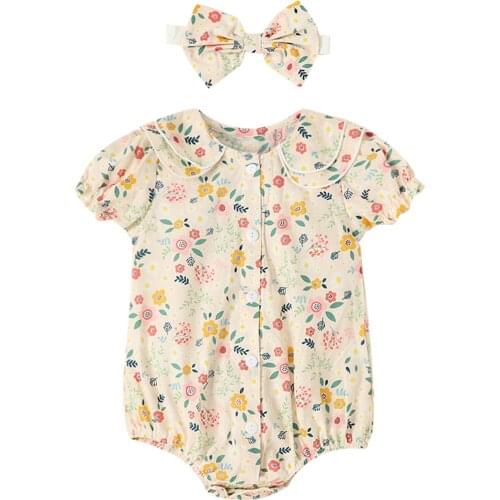 Baby Girl’s Short Sleeve Romper with Headband Summer Fashion Floral Frog Buttons Jumpsuits