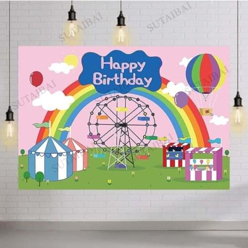 Happy Birthday Themed Party Backdrop for Baby Kids Girls Pink Circus Carnival Photography Background 1st 2rd Bday Banner