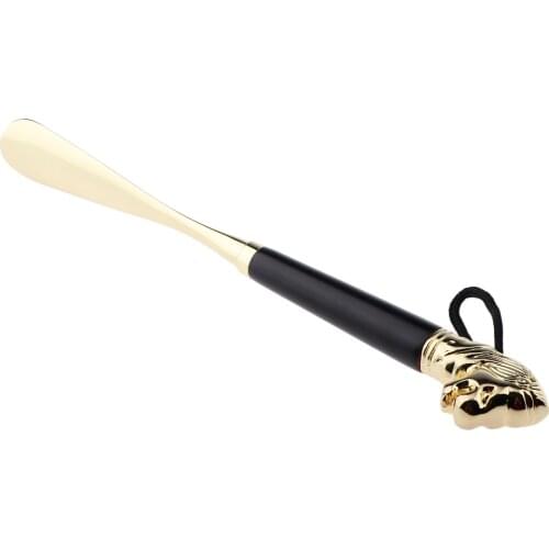 Flexible Stylish Golden Metal Black Wooden Handle Shoe Horn Lion Head Spoon Shoehorn 32 cm