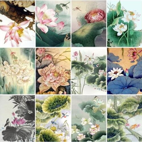 Lotus Ink Flower Pictures 5D Diy Diamond Painting Full Drill Embroidery Cross Stitch Art Craft Kits Home Decor Needlework Gift