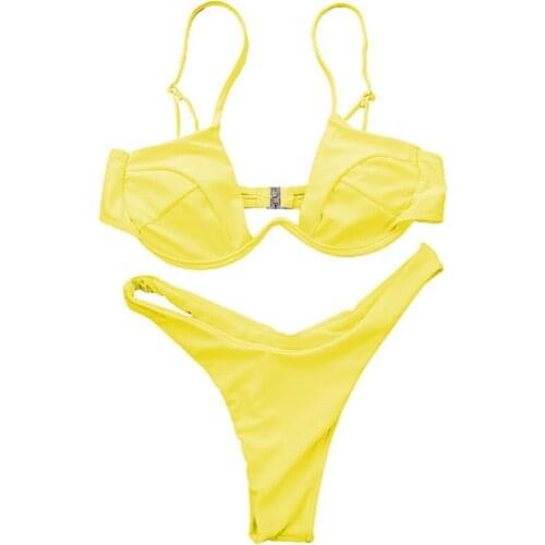 Hot Sexy Female Solid Color Low Rise Swimsuit Underwired Bra G-string Briefs Beach Bikini Set Summer Swimsuits for Women 2021