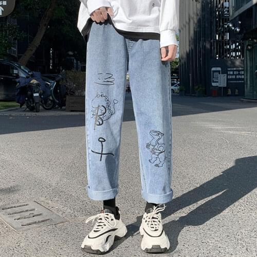Fashion Mens Casual Vintage Washed Drawstring Waist Cartoon Print Loose Fit Harajuku Urban Style Dad Style Denim Jeans Pants