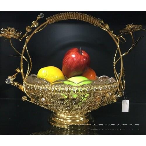European style fashion design metal glass fruit plate modern hotel KTV inlaid with diamond ornament portable fruit basket