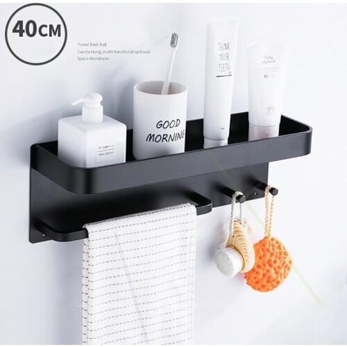 Wall Mounted Black Bathroom Rack Aluminum Bathroom Shelf with Hooks Bar Shower Caddy for Storage Shampoo Towel Organization