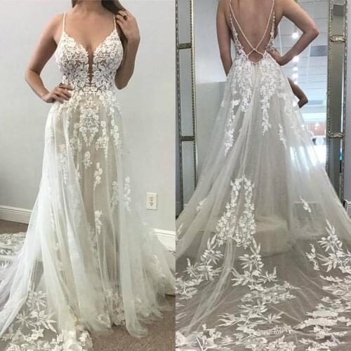 2020 New Wedding Dresses Spaghetti Straps Lace Appliques Wedding Gowns Real Images A-Line Bridal Dress