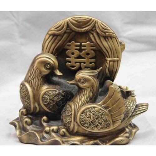 Song voge gem S1076 Chins Copper Bronze Lucky Wealth Money Mandarin Duck Lotus flower Statue Pair