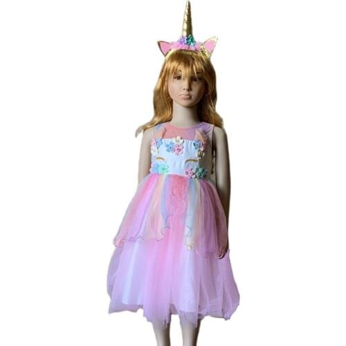 Purim Rainbow Unicorn Dress Girls Dance Ball Princess Dress Birthday Party Gift Halloween Cosplay Costume with Unicron Headband