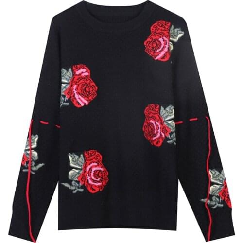 High Quality Runway New Women Christmas Sweater Jumper Long-Sleeved O-Neck Red Rose Floral Embroidery Thick Loose Knit Top Black