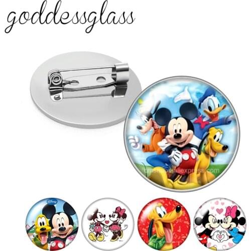 Disney Mickey Minnie mouse Donald Daisy Goofy Round Glass cabochon Silver color Brooch Dome Photo Jewelry Brooches Pin For Gift