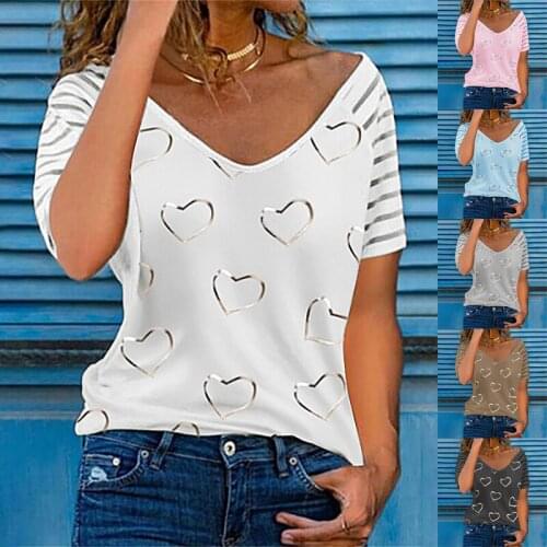 Womens Oversized T-Shirt Summer All-Match Fashion Heart-Shaped Print Casual v-Neck Short Sleeve Top Streetwear Plus Size Shirt