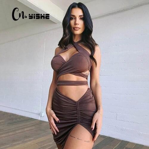 CNYISHE Sexy Halter Two Pieces Skirts Sets Suits Women Tracksuit Off Shoulder Slim Tops and Wrap Hip Skirts Matching Set Casual