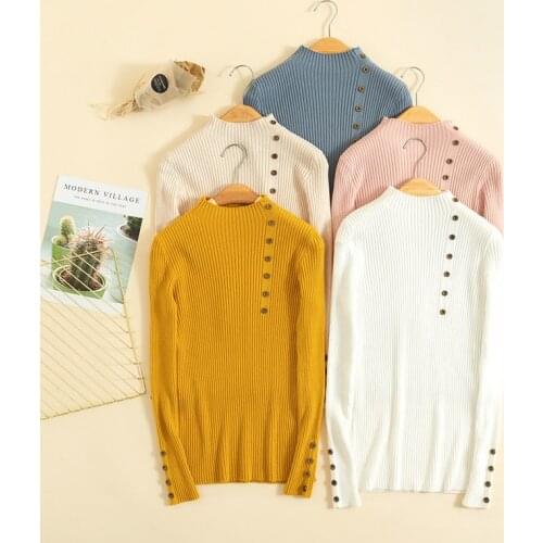 Women Turtleneck Fitted Button Pullovers Autumn Sweater Female Fashion Chic Elegant Sweater Winter Knitted Jumper Vintage YY-852