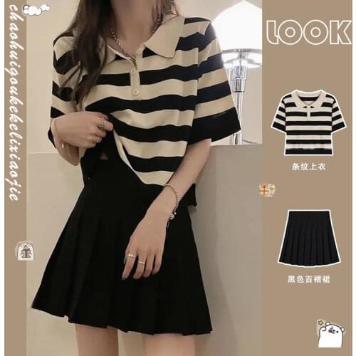 Summer 2021 New Korean Ins Fashion Striped Polo Top + Pleated Skirt Suit Women Two Pieces