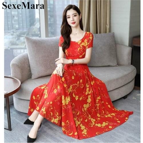 SexeMara Bohemian Style O-Neck Short-Sleeved Printed Temperament Waist Chiffon Long Large Dress 2019 Summer New Style