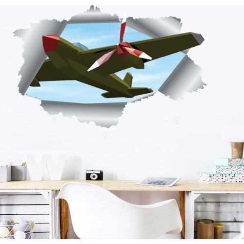 3D Blue Sky Broken Wall Airplane Wall Sticker Living Room Kids Room Decor Decals Home Decoration Plane Broken Floor Stickers