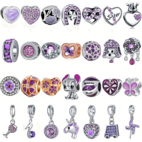 Hapiship 20201Original Daisy Fashion Purple Heart Dog Flower CZ Charm Beads Fit Charm Bracelet Female DIY Jewelry Making CZ202