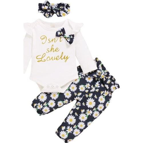 Newborn Baby Little Girl Dasiy Clothes Long Sleeve Letter Romper+ Bandage Pants+Bow Hairband Casual Fall Outfits 3Pcs Sets 0-18M