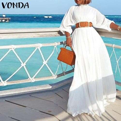 Long Sleeve Elegant Maxi Long Dress 2021 VONDA Women Vintage Solid Color Office Ladies Maxi Dresses Casual Vestidos Robe Femme