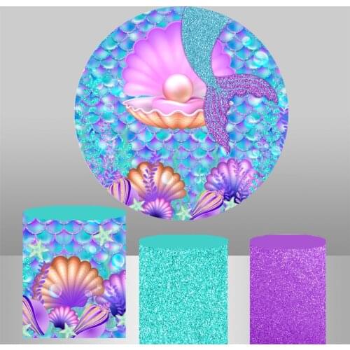 Purple Mermaid Round Background Circle Photo Backdrop Baby Shower Girl Birthday Party Decor Table Cylinder Cover photocall 746