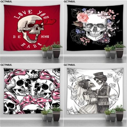 Flowers Skull Tapestry Halloween Wall Hanging Polyester Hippie Tapestries Boho Room Decoration Blanket Background Rug Tablecloth