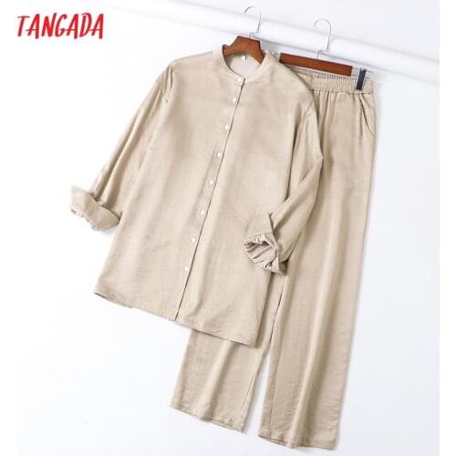 Tangada 2021 Women Tracksuit Sets Oversized Blouse and Wide Leg Pants 2 Pieces Sets High Quality Sets 6L40