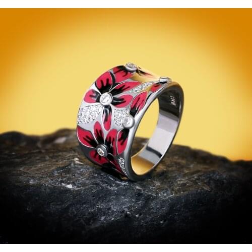 New Fashion 925 Silver Cubic Zircon Rings For Women Girls Elegant Red Enamel Flower Bohemia Style Wedding Ring Vintage Jewelry