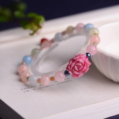 Wholesale Color Stone Natural Crystal Bracelets Round Beads with Flower Hand String Lucky for Girl Crystal Bracelet Jewelry