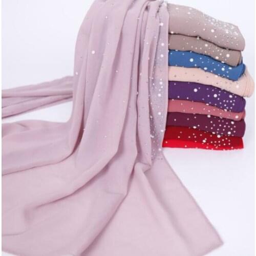 2019 New Women scarf solid plain chiffon pearls hot diamonds shawl foulard new fashion Muslim echarpe hijabs bandana