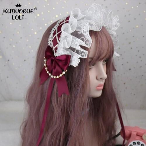 Japanese Style Lolita Girls Headband BNT Headdress Layered Floral Lace Bows Long Ribbons Beaded Chain Headwear Women Accessories