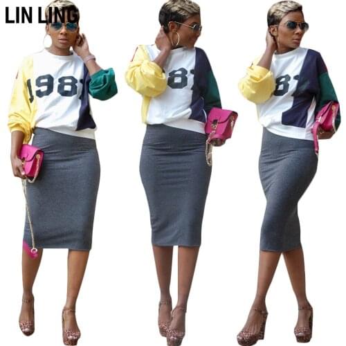 LINLING Light Mature Winter Womens Letter Printed Long Sleeve White Splicing Top Round Neck Loose Pullover