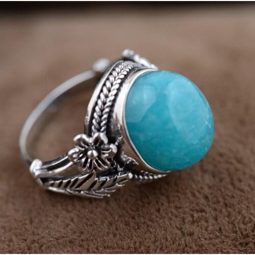 Retro Amazonite Female Ring Real 925 Sterling Silver Ring Vintage Pure Handmade Silver Ring For Original Jewelry Wholesale