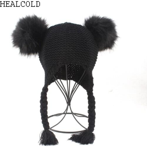 Ear protection skullies Beanies pompones colores ponytail hat kids baby double fur pompoms Hats For Children