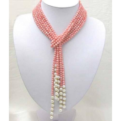 Hot Sell Genuine White Pearl and Pink Coral 50" Tie Bunch Choker Long Necklace