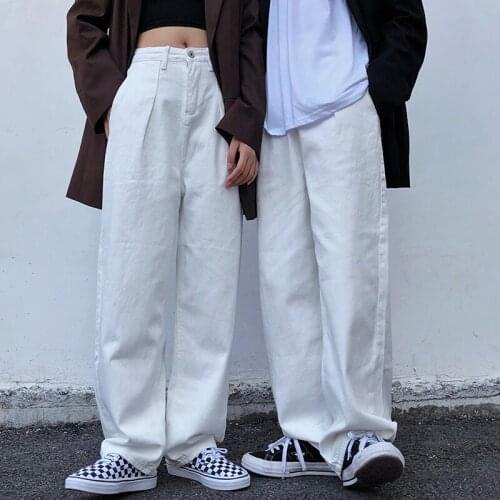 Trend Japanese Korean style vintage washed white jeans loose straight-leg trousers men women singer streetwear Jogging pants