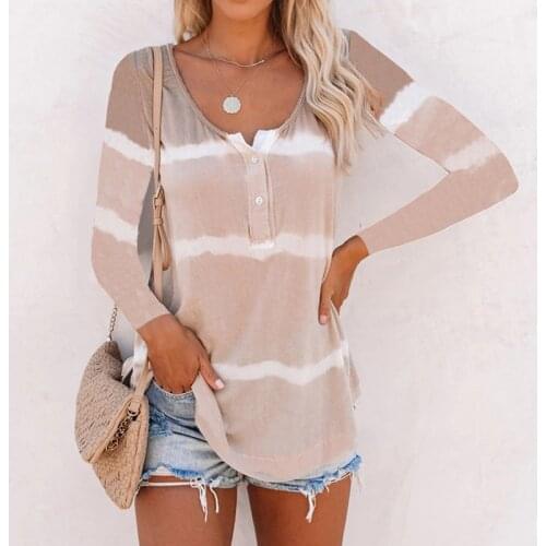 Women Fashion Tie dye Stripe T-shirt 202 Summer New Long Sleeve Pullover Tops Casual Slim-fit Buttons Tee Shirt Plus Size S-5XL
