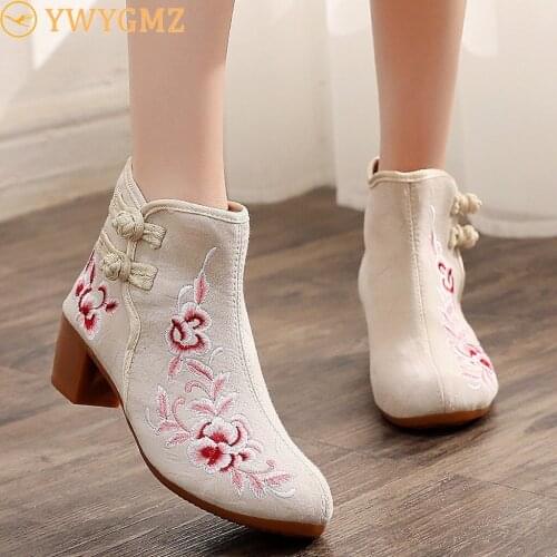 Embroidered Ankle Booties Women Buckle Square Heel Casual Short Martin Boots china style Botas Mujer Footwear Female winter shoe