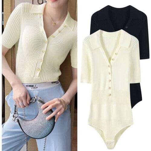 2021 Summer Women Bodysuits Skinny V-Neck Knit Tops Black Yellow Sexy Rompers Playsuits Casual Streetwear Holiday Harajuku Lady