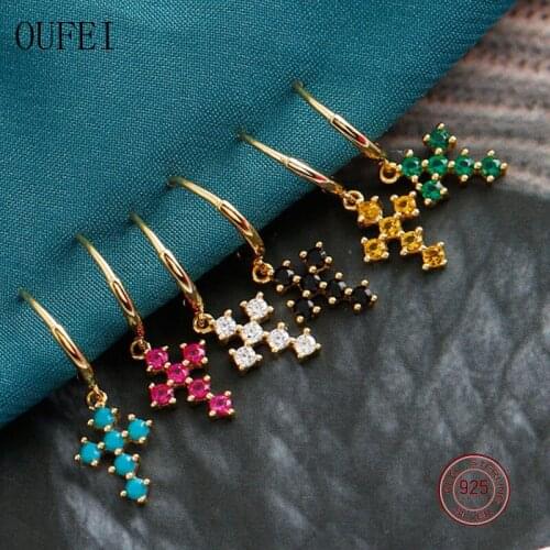 Cross Earring Women Hoop 925 Sterling Silver Earrings Women Gift Girl Fine Jewelry Multi-Color Stone Earrings 2021 Trend The New