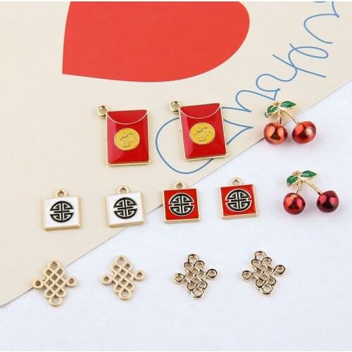 10pcs Chinese Style Alloy Dripping Oil Lucky Character Earrings For Women Red Cherry Chinese Knot Pendant Jewelry Accessories
