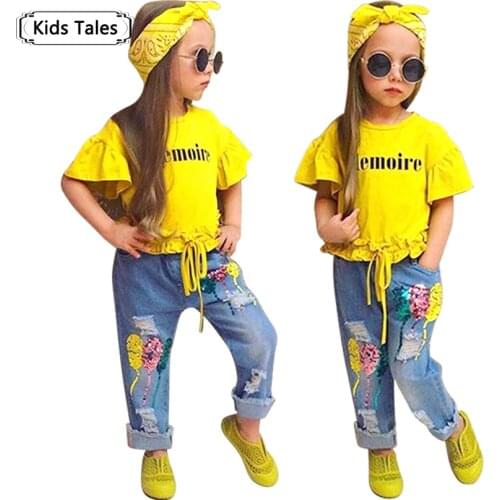 Children Sets for Girls Fashion 2021 New Style Girls Suits for Children Girls T-shirt + Pants + Headband 3pcs. Suit Cute Girls