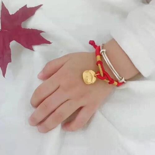 Pure 24K Yellow Gold Bracelet 999 Gold Carved Fu Lock Baby Weave Bracelet