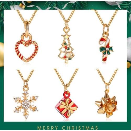 Christmas Cane Tree Snowflake Heart Pendant Necklace Gold Color Crystal Drop Oil Clavicle Chain Necklace Fashion Jewelry Gift