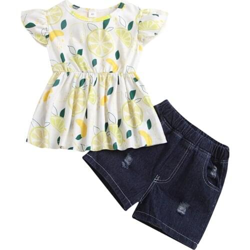 Citgeett Summer Kids Baby Girls Outfit Sweet Style Lemon Printing Fly Sleeve Top + Solid Denim Shorts Set Clothes