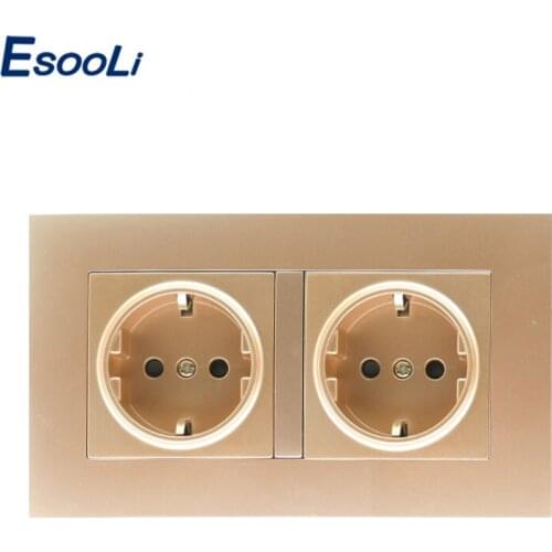 Esooli High Quality Gold PC Wall Power Dual Socket Plug Grounded, 16A EU Standard Electrical Double Outlet 146 mm * 86 mm